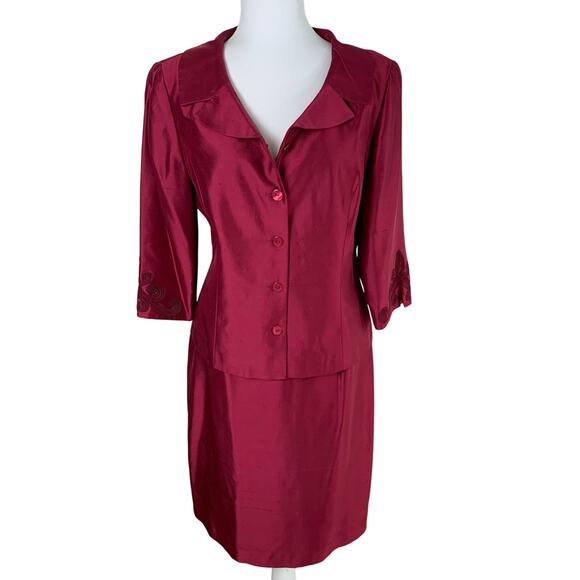 Talbots Size 14 Skirt Suit Blazer Jacket Pure Silk Burgundy Wine Formal Holiday - Picture 1 of 10